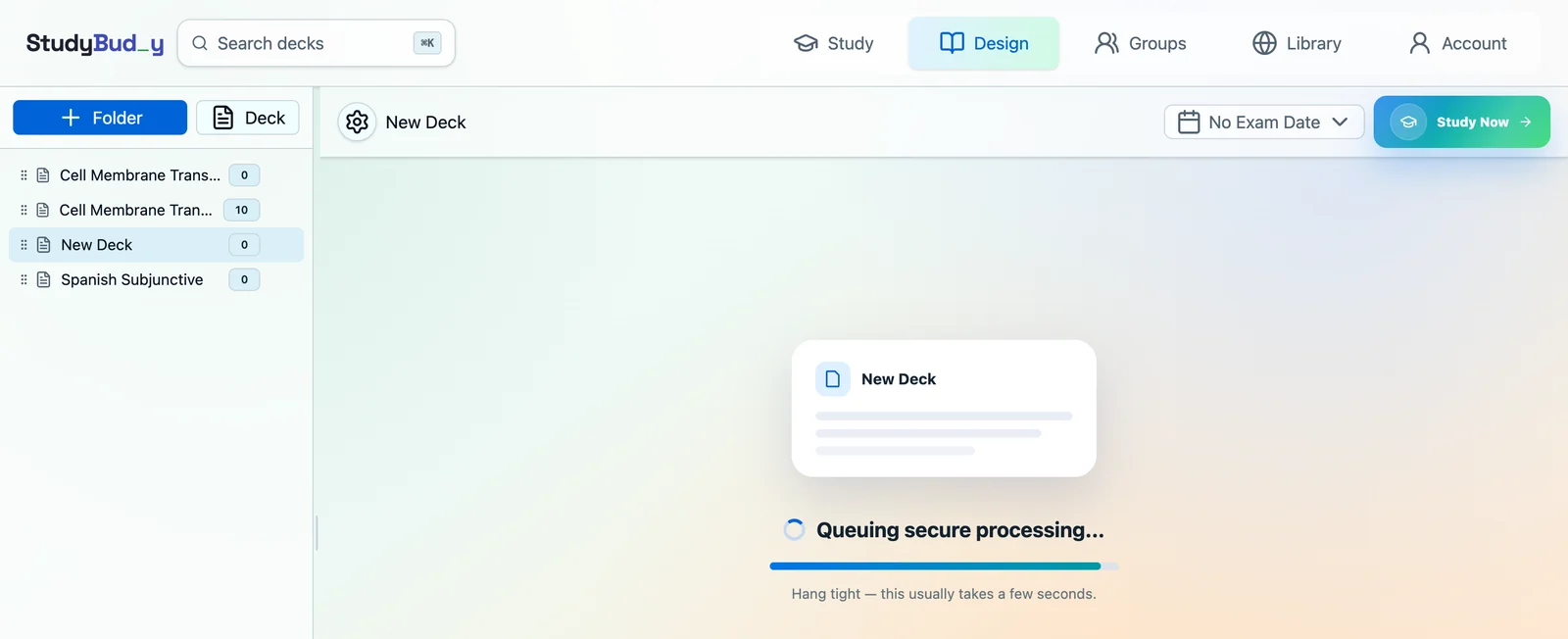 The card generation progress screen showing four stages: source grounding, card structure, independent AI review, and duplicate screening