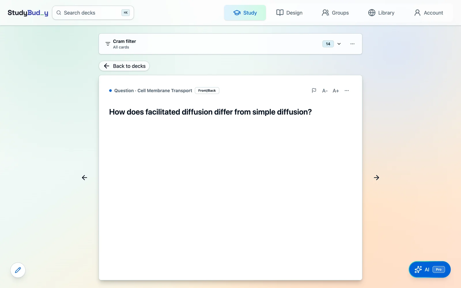 A StudyBudy cram session showing a question and answer with a next-card control and no rating buttons