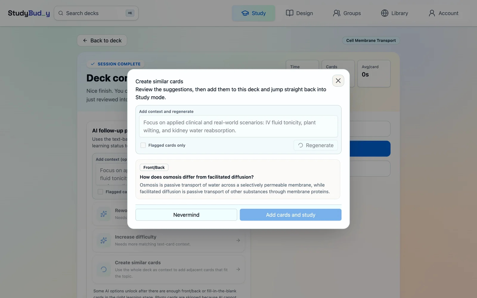 The Create similar cards dialog showing a generated card comparing osmosis and facilitated diffusion, with options to regenerate or add to the deck