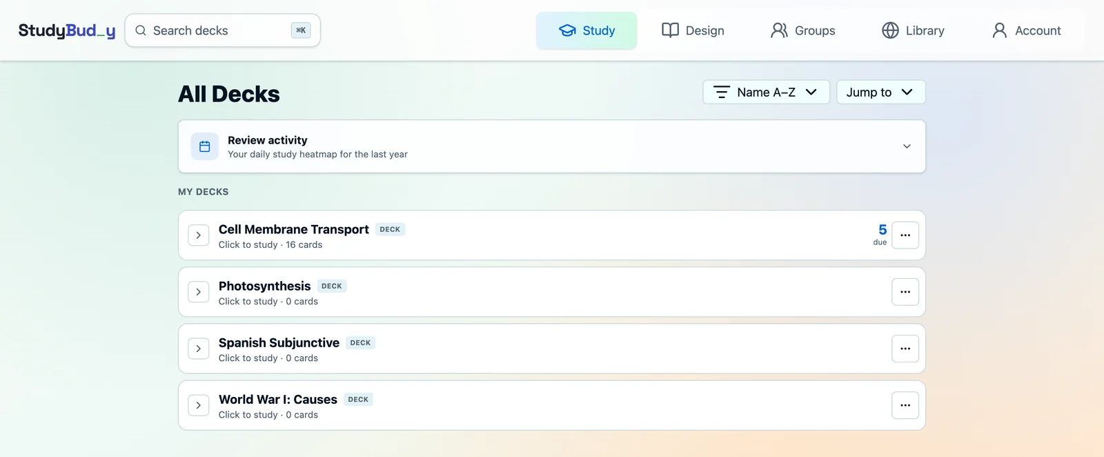 The StudyBudy study tab showing a deck list with per-deck due counts and a review activity heatmap