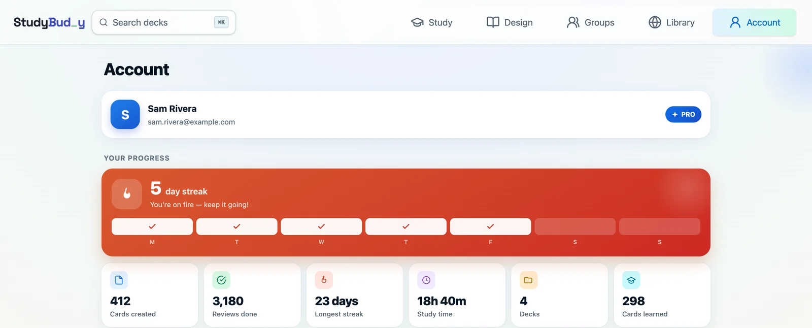 The StudyBudy account screen showing a five-day streak with the week marked off, alongside cards created, reviews done, longest streak, study time and cards learned
