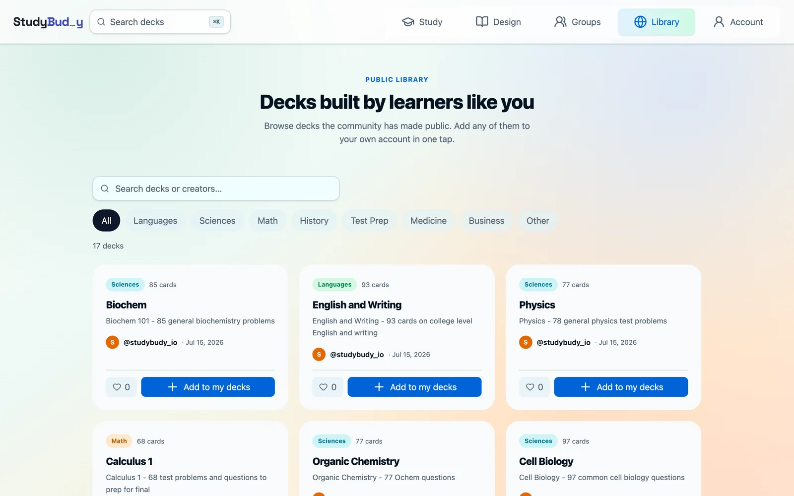The StudyBudy public library showing community-published decks with categories, card counts and creator handles
