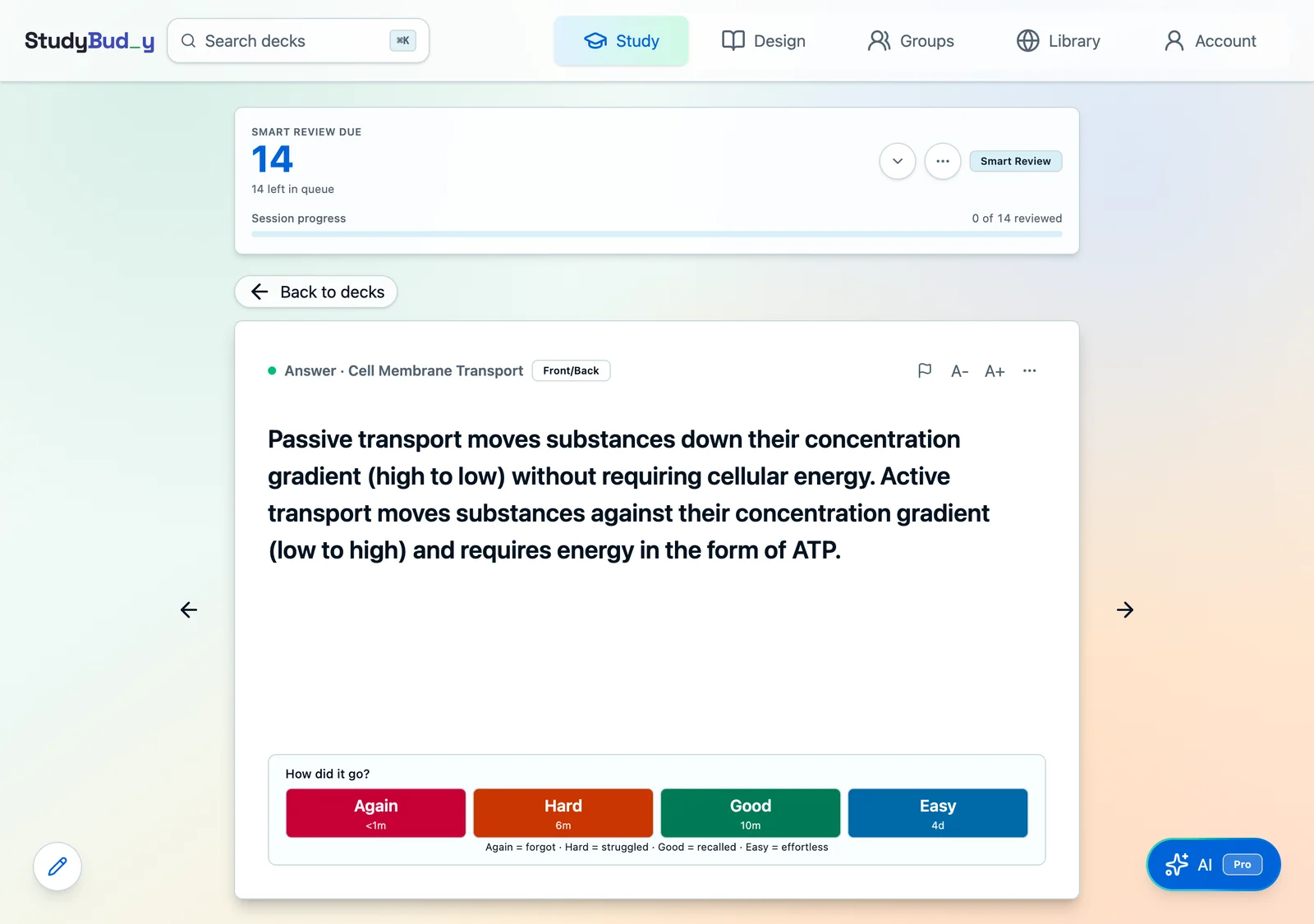A StudyBudy review card with the answer revealed and four rating buttons showing intervals: Again under 1 minute, Hard 6 minutes, Good 10 minutes, Easy 4 days